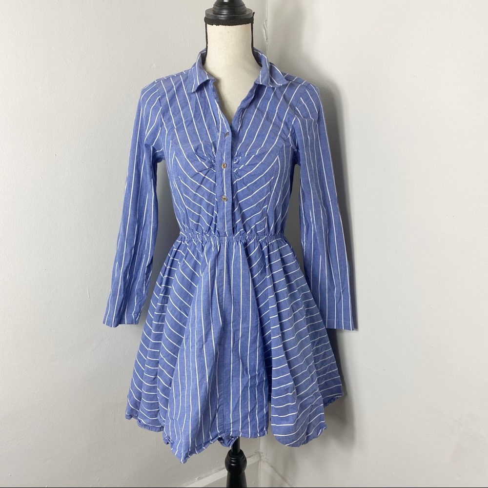 Venus Blue White Striped Half Button Flare Dress